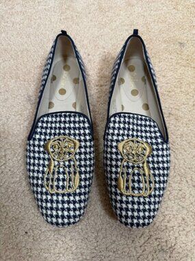 Boden Elsie Houndstooth Pug Dog Loafer Slipper Size 40 US 9 Navy Blue Preppy